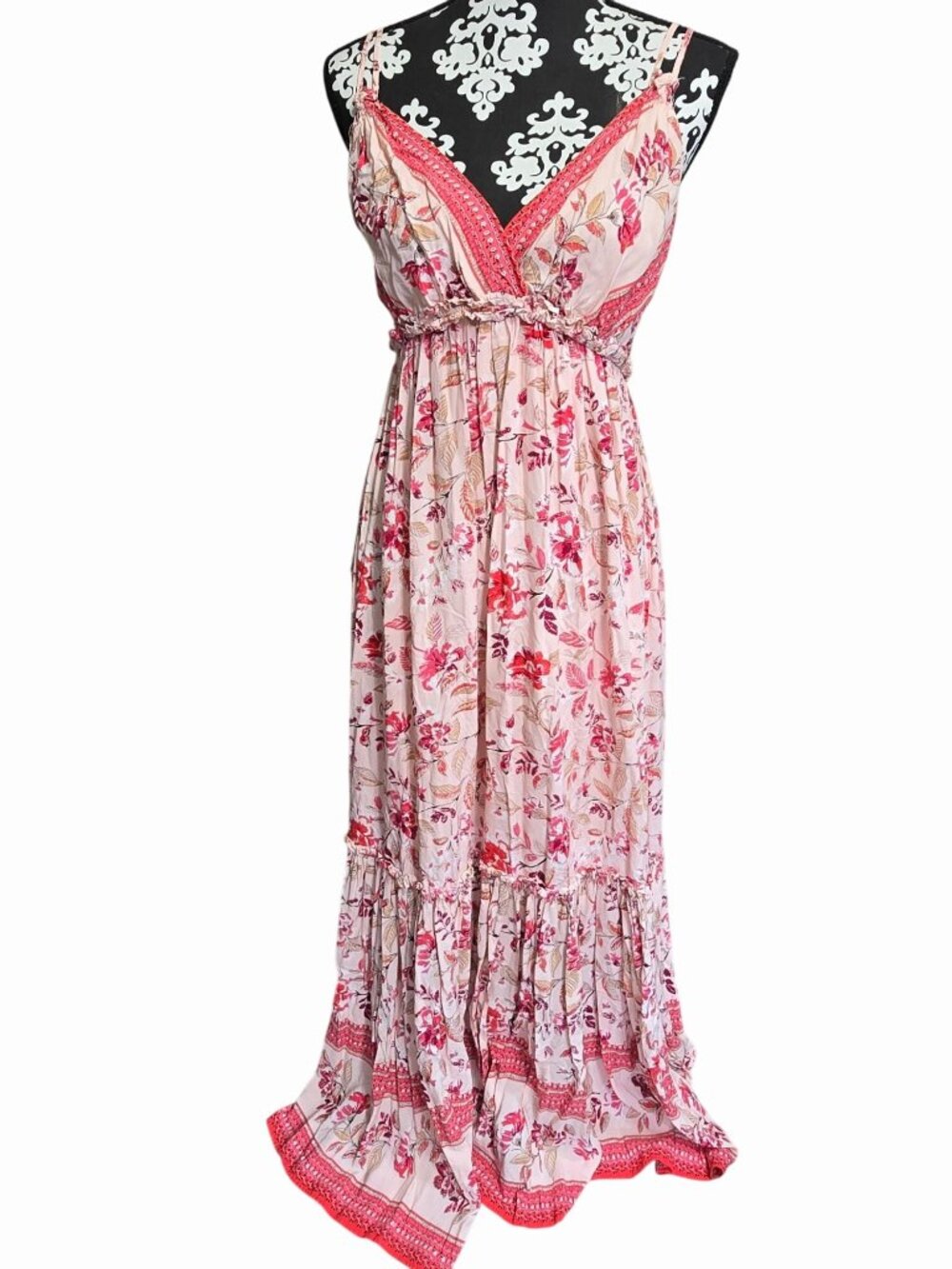 Blue Rain Floral Pink Spaghetti Strap Maxi Dress Size M Lined Boho Romantic